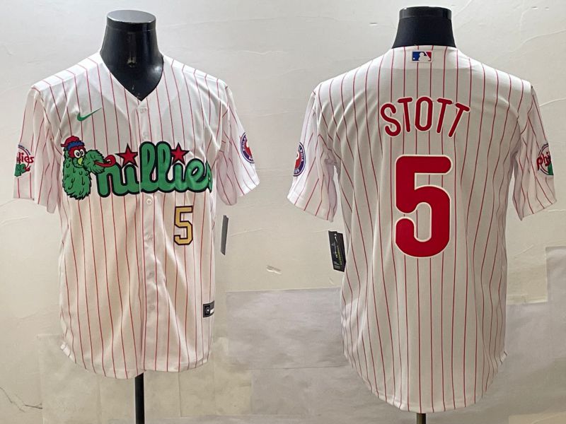 Men Philadelphia Phillies 5 Stott White Stripe Three generations Joint Name Game 2025 Nike MLB Jersey style 3